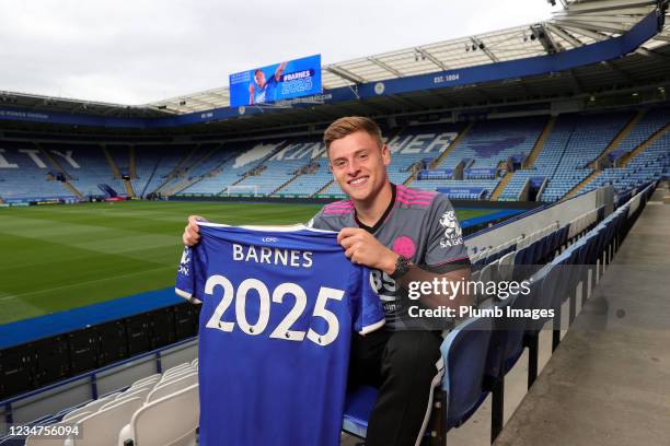 Harvey Barnes poses after signing a new contract at Leicester City at King Power Stadium on August 19, 2021 in Leicester, United Kingdom.