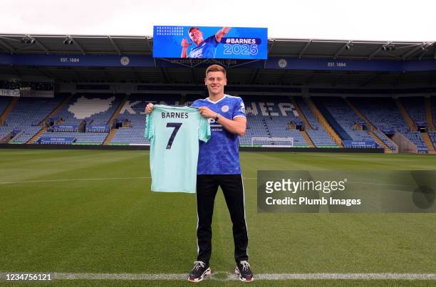 Harvey Barnes poses after signing a new contract at Leicester City at King Power Stadium on August 19, 2021 in Leicester, United Kingdom.