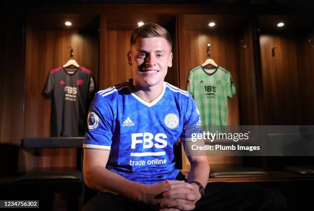 Harvey Barnes poses after signing a new contract at Leicester City at King Power Stadium on August 19, 2021 in Leicester, United Kingdom.