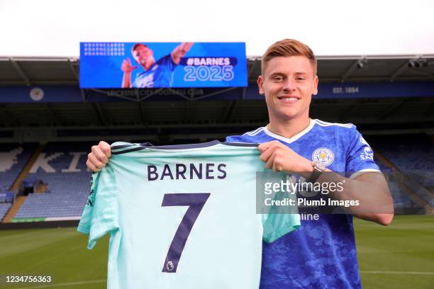Harvey Barnes poses after signing a new contract at Leicester City at King Power Stadium on August 19, 2021 in Leicester, United Kingdom.