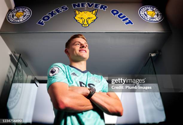 Harvey Barnes poses after signing a new contract at Leicester City at King Power Stadium on August 19, 2021 in Leicester, United Kingdom.