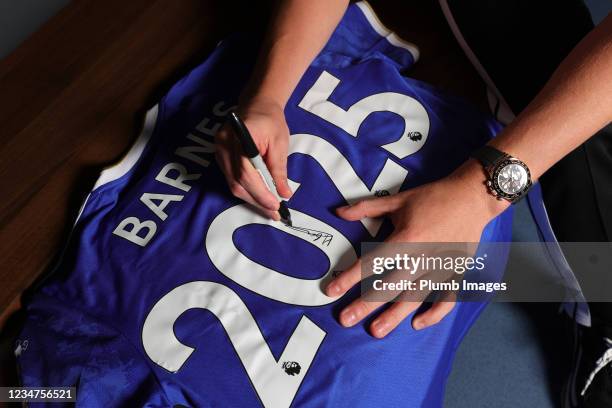 Harvey Barnes poses after signing a new contract at Leicester City at King Power Stadium on August 19, 2021 in Leicester, United Kingdom.