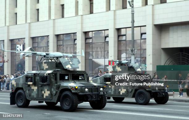 UAVs are pictured during the rehearsal of the Kyiv Independence Day Parade on Khreshchatyk Street ahead of the 30th anniversary of Ukraine's...