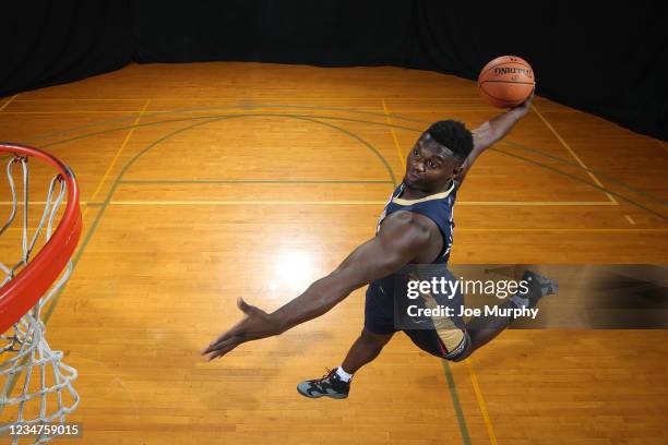 Zion Williamson of the New Orleans Pelicans poses for a portrait during the 2019 NBA Rookie Photo Shoot on August 11, 2019 at Fairleigh Dickinson...