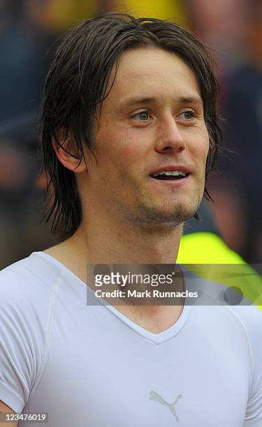 Thomas Rosicky of the Czech Republic at the end of the UEFA EURO 2012 Group I Qualifying match between Scotland and Czech Republic at Hampden Park on...
