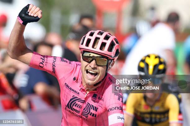 Education - Nippo's Danish rider Magnus Cort Nielsen celebrates as he wins the 6th stage of the 2021 La Vuelta cycling tour of Spain, a 158.3 km race...