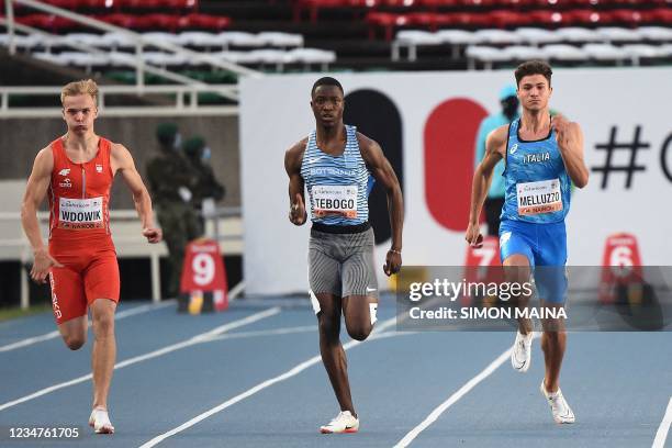 Poland's Oliwer Wdowik , Botswana's Letsile Tebogo and Italy's Matteo Melluzzo compete in the 100m men's final during the U20 World Athletics...