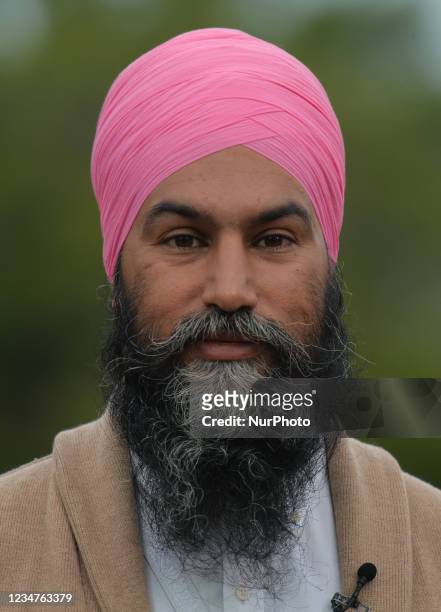 Jagmeet Singh, leader of the New Democratic Party, seen during a press conference as he makes a healthcare announcement in Edmonton, during today's...