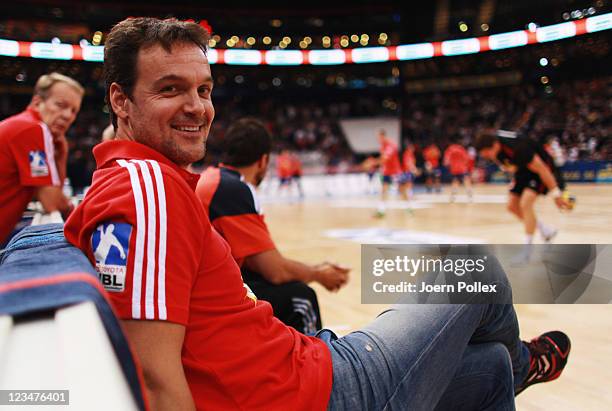 Head cach Markus Baur of Luebbecke is seen prior to the Toyota Handball Bundesliga match between HSV Hamburg and TuS N-Luebbecke at the o2 World...