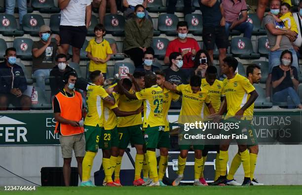 Lucas Silva of FC Pacos de Ferreira celebrates with teammates after scoring a goal during the UEFA Europa Conference League match between FC Pacos de...