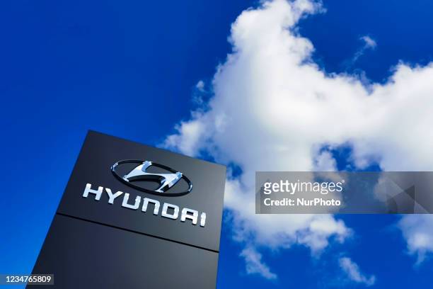 Hyundai car logo is pictured in Krakow, Poland on August 18, 2021.