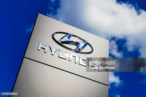 Hyundai car logo is pictured in Krakow, Poland on August 18, 2021.