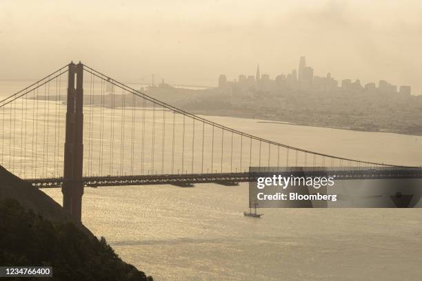 Smoke from wildfires over the San Francisco Bay in San Francisco, California, U.S., on Thursday, Aug. 19, 2021. The Bay Area Air Quality Management...
