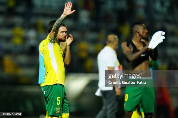Antunes of FC Pacos de Ferreira celebrates the victory with supporters at the end of the UEFA Europa Conference League match between FC Pacos de...