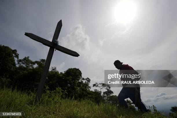 Colombian peasant Efrain Soto who was victim of a landmine, visits the place where he stepped on the explosive device near his house in Catatumbo,...