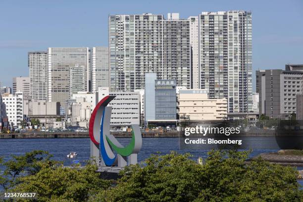 The Paralympic Symbol is installed in the waters near Odaiba Marine Park on Friday, Aug. 20, 2021. The Tokyo 2020 Paralympic Games will be held...