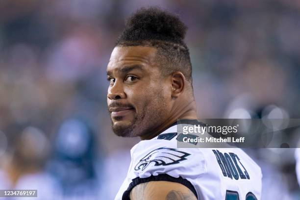 Brandon Brooks of the Philadelphia Eagles looks on against the New England Patriots in the second half of the preseason game at Lincoln Financial...