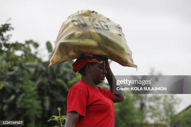 Woman carries a bag of maize at a farm in Northbank, Benue State, Nigeria, on August 12, 2021. - Threatened by insecurity, farmers in Nigeria's farm...