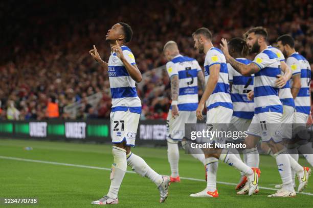 Queens Park Rangers' Chris Willock celebrates after scoring their second goal during the Sky Bet Championship match between Middlesbrough and Queens...