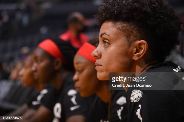 Close-up of Candice Dupree of the Atlanta Dream before the game against the Los Angeles Sparks on August 19, 2021 at the Staples Center in Los...