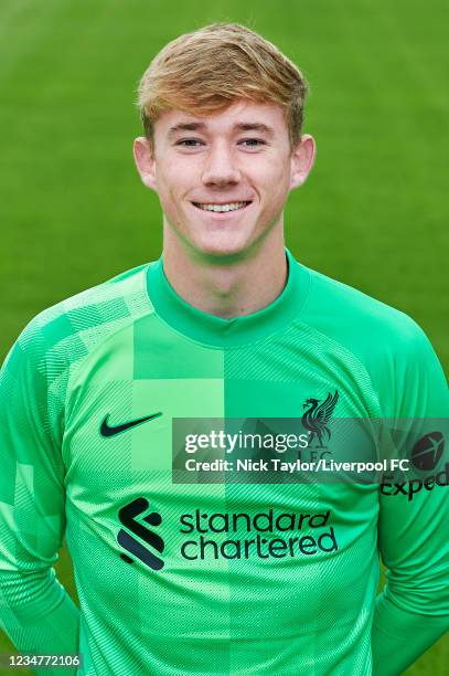 Liam Hughes of Liverpool poses for a photograph at AXA Training Centre on July 9, 2021 in Kirkby, England.