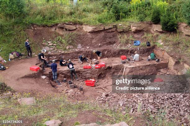 August 2021, Thuringia, Georgenthal: A team of paleontologists and geologists digs at the Bromacker between Tambach-Dietharz and Georgenthal. During...
