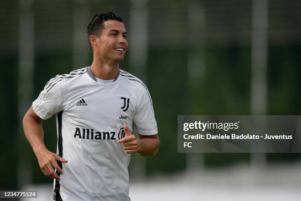 Juventus player Cristiano Ronaldo during a training session at JTC on August 20, 2021 in Turin, Italy.