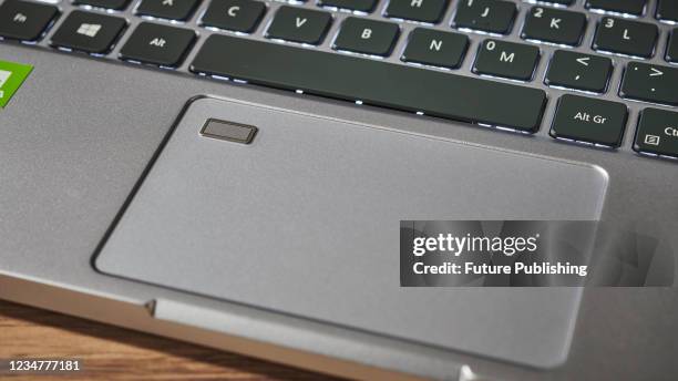 Detail of the trackpad on a Porsche Design Acer Book RS laptop computer, taken on February 15, 2021.