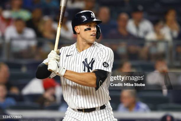 Aaron Judge of the New York Yankees in action against the Boston Red Sox at Yankee Stadium on August 18, 2021 in New York City. New York Yankees...