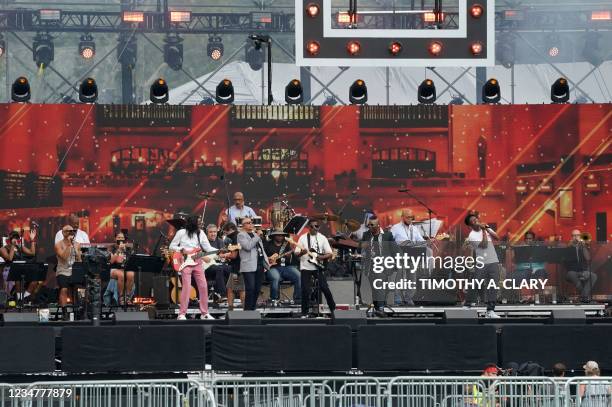 Earth, Wind and Fire perform a soundcheck on August 20 in New York's Central Park, a day before the"We Love NYC: The Homecoming Concert" a the...