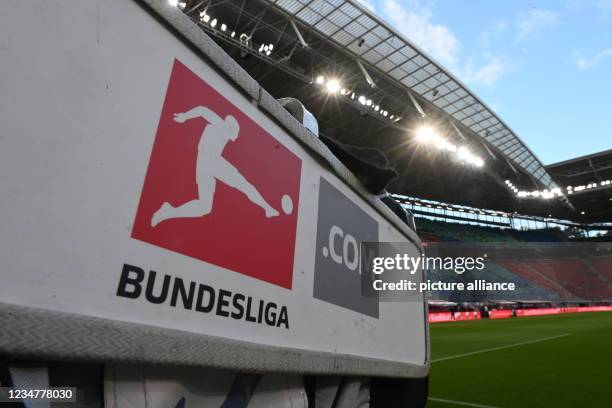 August 2021, Saxony, Leipzig: Football, Bundesliga, RB Leipzig - VfB Stuttgart, Matchday 2, Red Bull Arena: Bundesliga logo in the stadium. IMPORTANT...