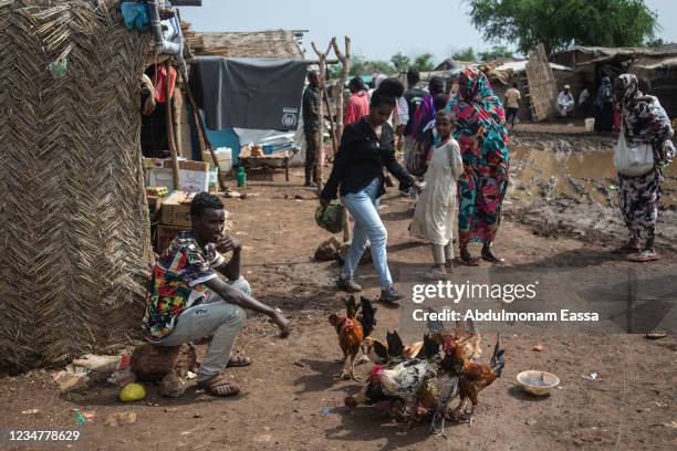 Tigray refugee sells roosters in the market of the Sudanese village of Um Rakuba, home to over 20,000 refugees, on August 18 in Um Rakuba, Sudan....