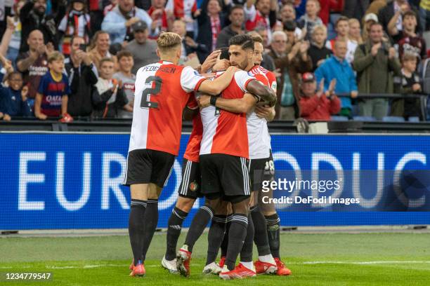 Luis Sinisterra of Feyenoord celebrates after scoring his teams 3:0 goal with team mates during the UEFA Conference League Play-Off Leg One Match...