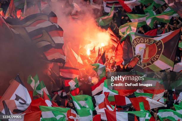 Supporters of Feyenoord with Flags and Fireworks prior to the UEFA Conference League Play-Off Leg One Match between Feyenoord and Elfsborg at De Kuip...