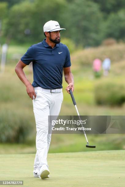 Tony Finau with putter at the 17th hole during the second round of THE NORTHERN TRUST at Liberty National Golf Club on August 20, 2021 in Jersey...