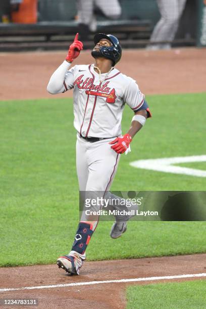 Jorge Soler of the Atlanta Braves celebrates after hitting a solo home run in the third inning during a baseball game against the Baltimore Orioles...
