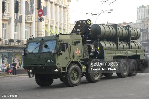Ukrainian mobile missile launch system Neptun drive during a rehearsal for the Independence Day military parade in central Kyiv, Ukraine August 20,...