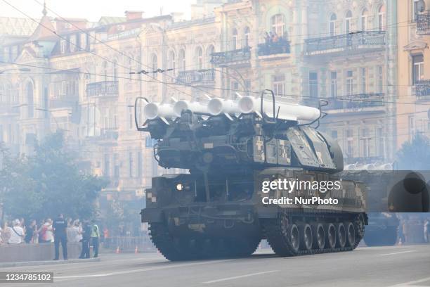 Ukrainian mobile missile launch systems drive during a rehearsal for the Independence Day military parade in central Kyiv, Ukraine August 20, 2021.