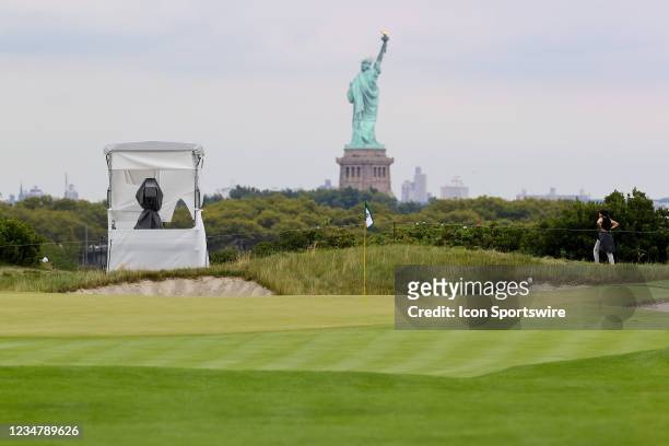 General view of the 2nd green and the Statue of Liberty during the second round of the Northern Trust golf tournament on August 20, 2021 at Liberty...