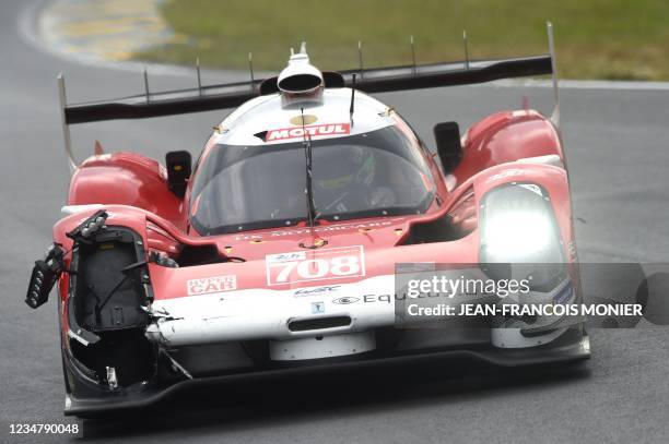 Glickenhauss 007 LMH Hypercar WEC's French driver Olivier Pla steers his damaged car after a crash during the 89th edition of Le Mans 24 Hours...