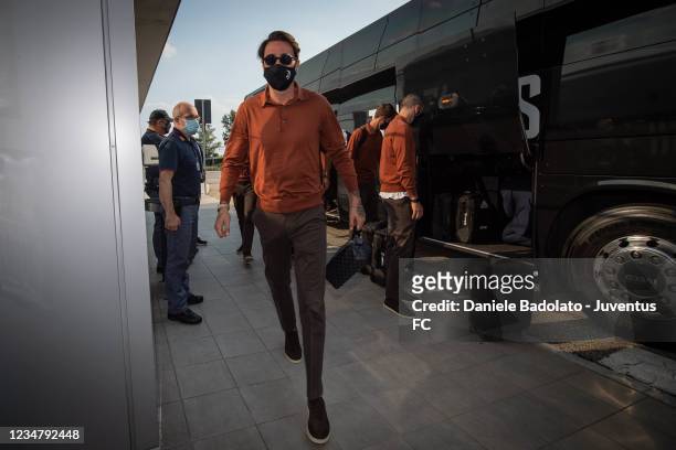 Juventus player Carlo Pinsoglio travels to Udine at Turin airport on August 21, 2021 in Turin, Italy.
