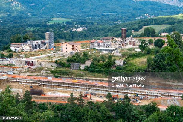 View of the City of Amatrice from above, with the city centre completely destroyed and the reconstruction starting to take its first steps. An...