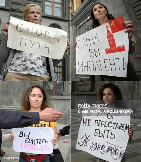 This combination of pictures created on August 21, 2021 shows from top left:- A journalist holds a placard which reads "Another coup", a journalist...
