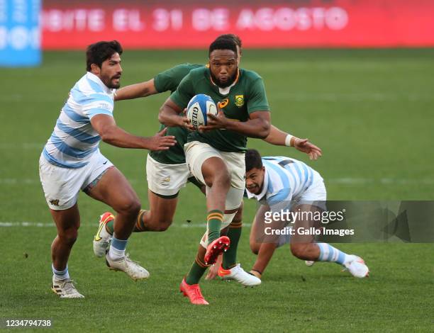 Lukhanyo Am of South Africa during the Castle Lager Rugby Championship match between South Africa and Argentina at Nelson Mandela Bay Stadium on...