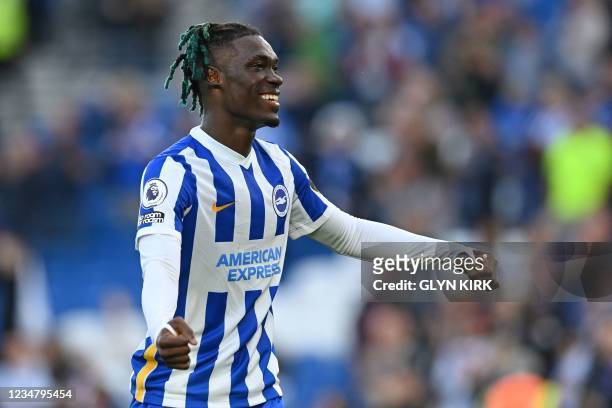 Brighton's Ivorian midfielder Yves Bissouma celebrates after the English Premier League football match between Brighton and Hove Albion and Watford...