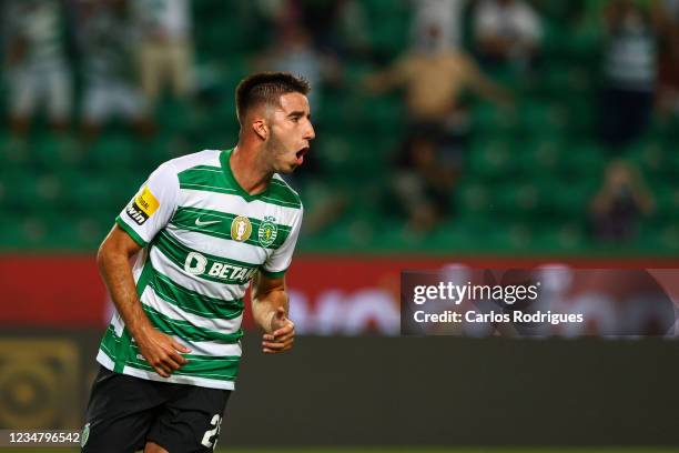 Goncalo Inacio of Sporting CP celebrates scoring Sporting CP goal during the Liga Bwin between Sporting CP and Belenses SAD at Estadio Jose Alvalade...