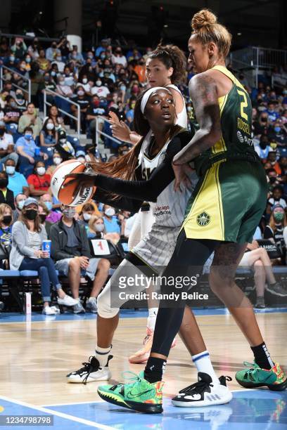 Kahleah Copper of the Chicago Sky handles the ball against the Seattle Storm on August 15, 2021 at the Wintrust Arena in Chicago, Illinois. NOTE TO...