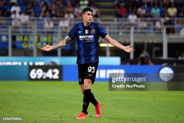 Alessandro Bastioni of FC Internazionale gestures during the Serie A match between FC Internazionale v Genoa CFC at Stadio Giuseppe Meazza on August...