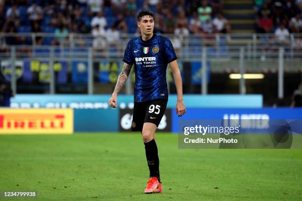 Alessandro Bastioni of FC Internazionale looks on during the Serie A match between FC Internazionale v Genoa CFC at Stadio Giuseppe Meazza on August...