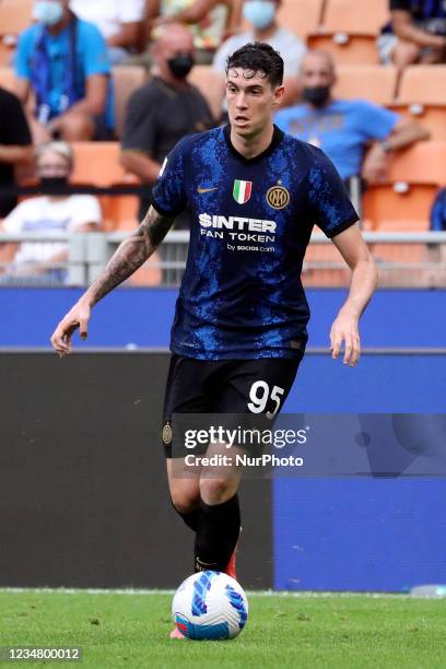 Alessandro Bastioni of FC Internazionale in action during the Serie A match between FC Internazionale v Genoa CFC at Stadio Giuseppe Meazza on August...